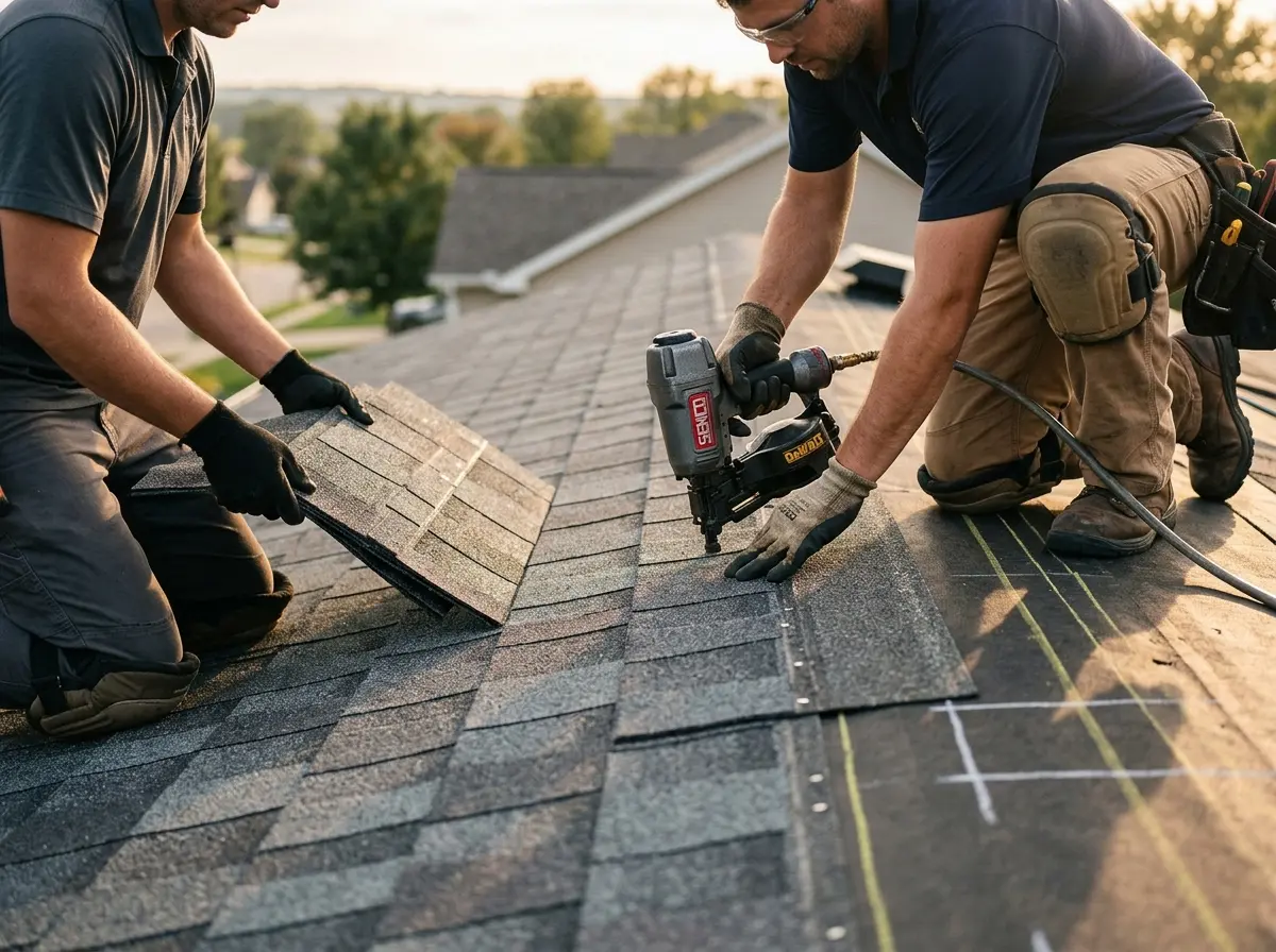 Professional roofer working on a residential roof in Vergennes